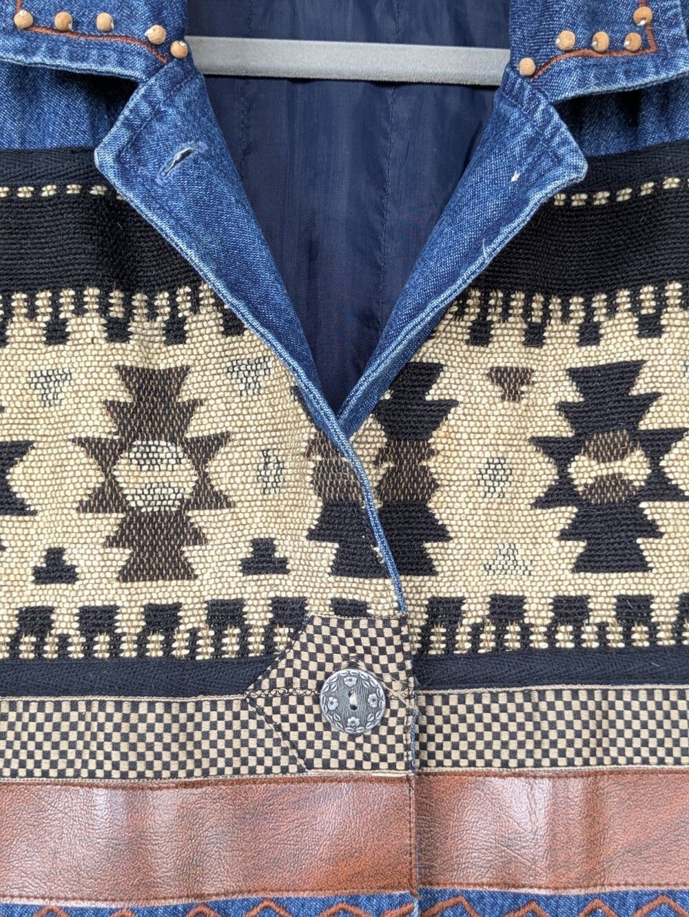Vintage 220 Hickory Women Jacket Blue Denim Southwestern Aztec Fringe Lined MED - Picture 7 of 16